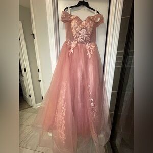 Off the shoulder pink sheer wedding dress